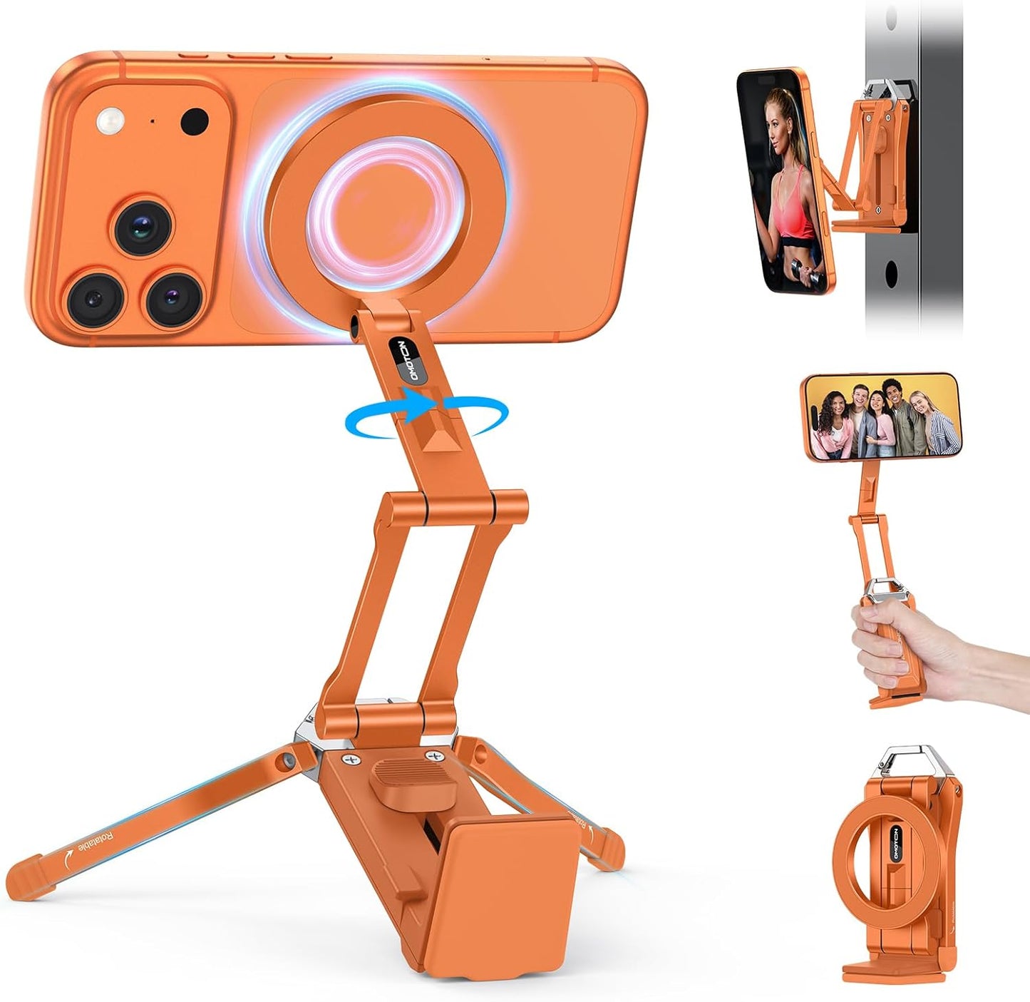OMOTON 360°Rotating for MagSafe Tripod Mount, Adjustable Aluminum Magnetic Phone Tripod for iPhone 17/16/15/14 Pro Max Air, Foldable Cell Phone Stand Fits Vlog, Gym, Travel Essentials, Orange
