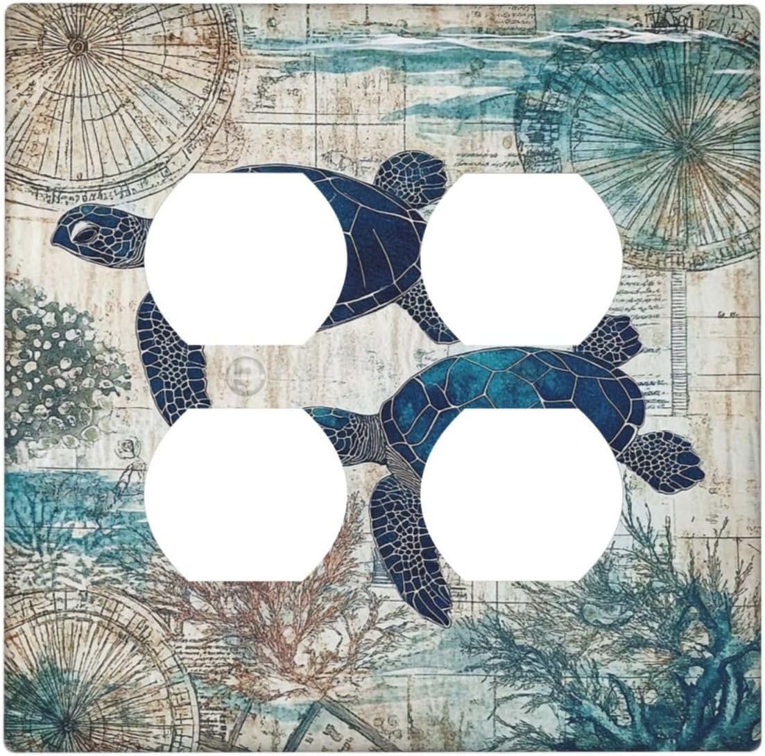 Blue Green Sea Turtle Tropical Ocean Coral Nautical Map Outlet Covers 2 Gang Double Duplex Decorative Light Switch Covers Electrical Wallplates Socket Faceplate For Bed Room Bathroom Decor