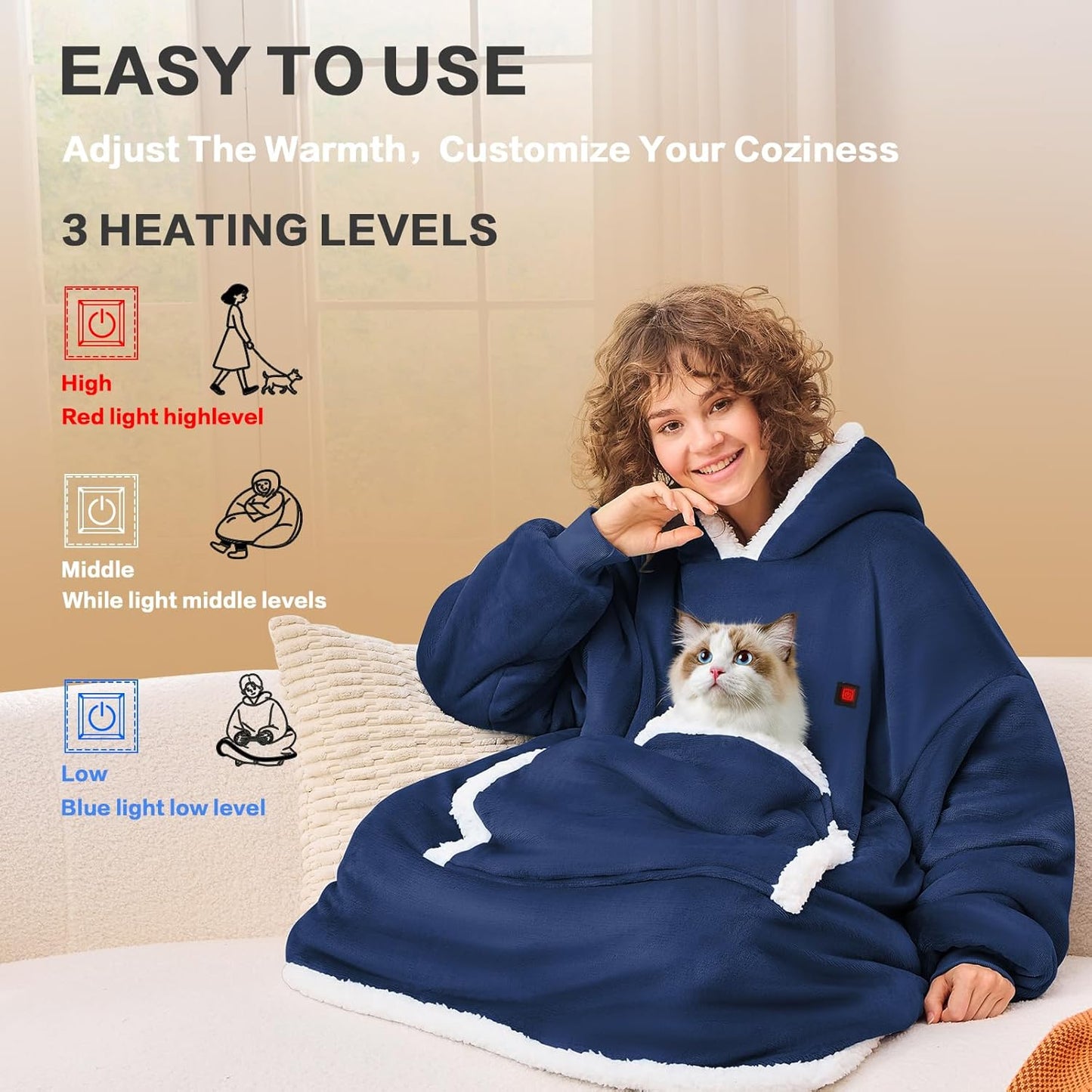 JOYWOO Wearable Heated Blanket Hoodie,Oversized Cordless Portable Heating Hooded Blanket Cat Lovers,Christmas Gifts for Women,Men,Cozy Sherpa Sweatshirt Electric Blankets Throw for Adult Outdoor,Navy