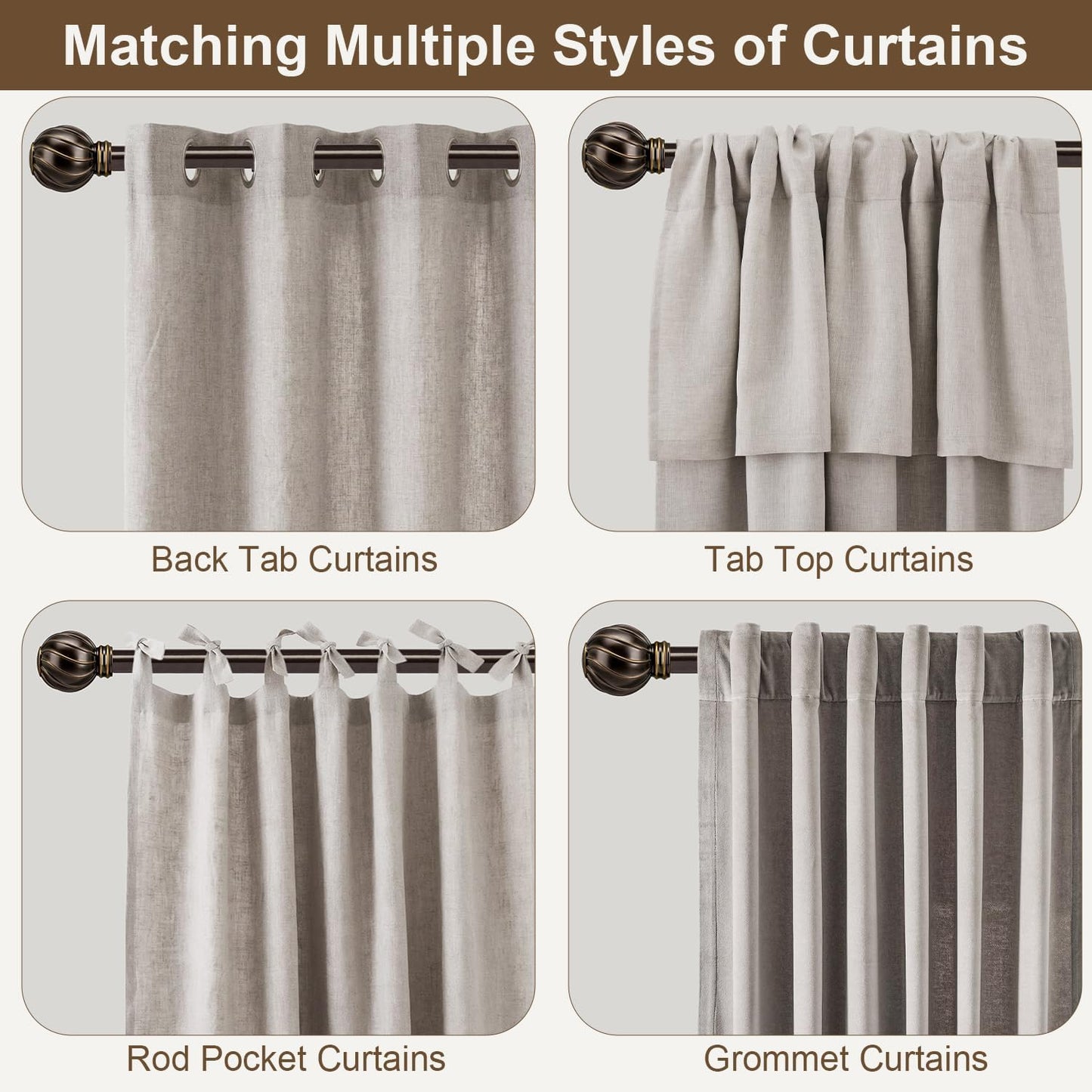 Brown Curtain Rods for Windows 28 to 48 Inch 7/8" Diamete Heavy Duty Adjustable Window Curtain Rod with Decorative Finials for Farmhouse Bedroom Living Room Kitchen Outdoor