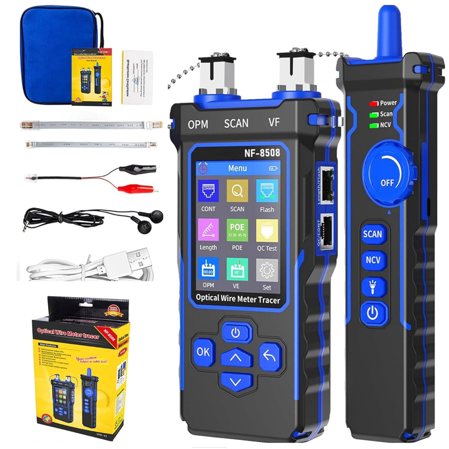 YILTION NF-8508 Network Cable Tester with Optical Power Meter VFL, RJ11 RJ45/PoE Tester/CAT5 CAT6/length Measurement, Telephone line Trace Meter with Headset, Network Tools