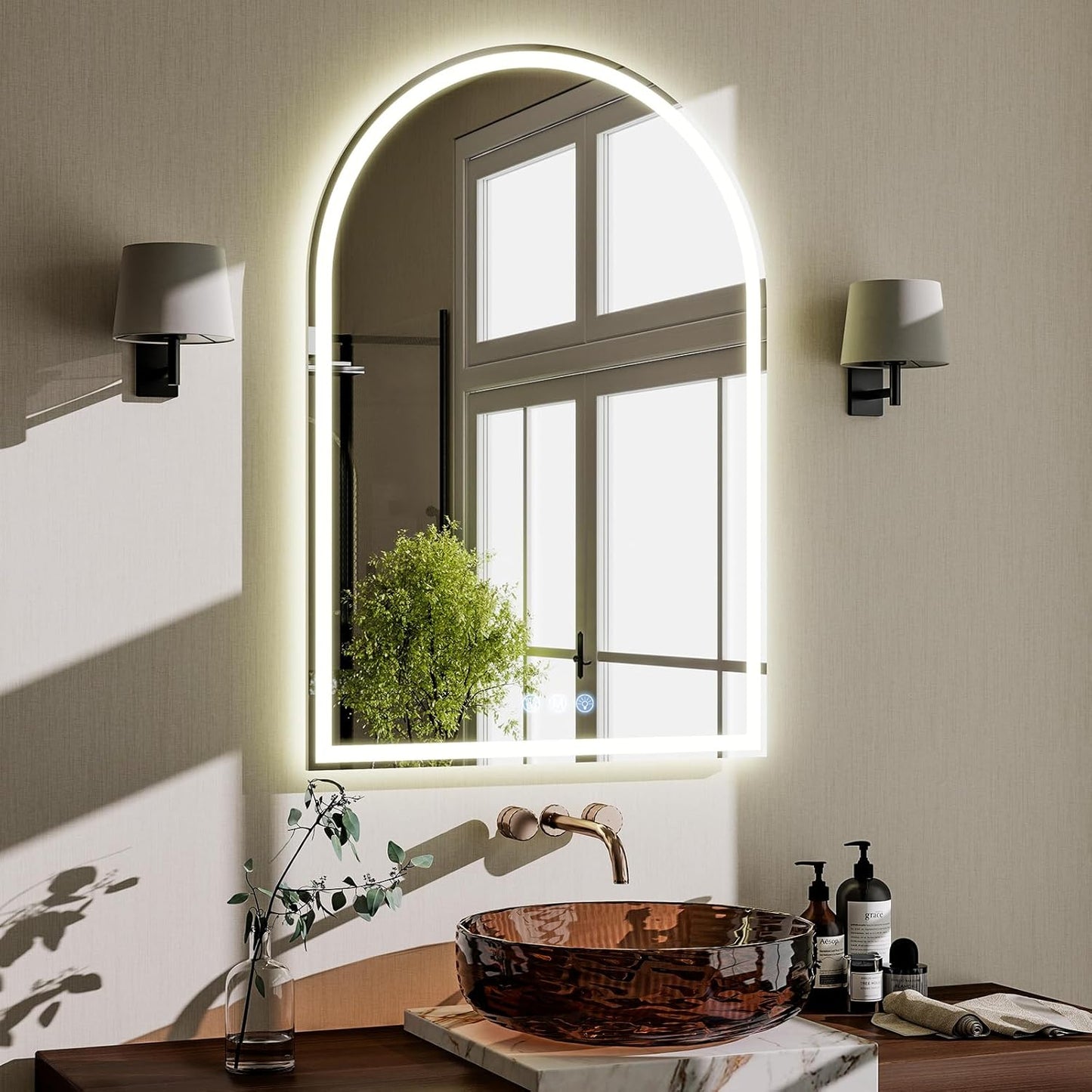 BEAUTYPEAK LED Arch Bathroom Mirrors with Lights, 36x24 Arch Mirror with Metal Frame, Anti-Fog,LED Mirror with Front Light and Backlit, Memory Function for Bathroom, Dressing Room