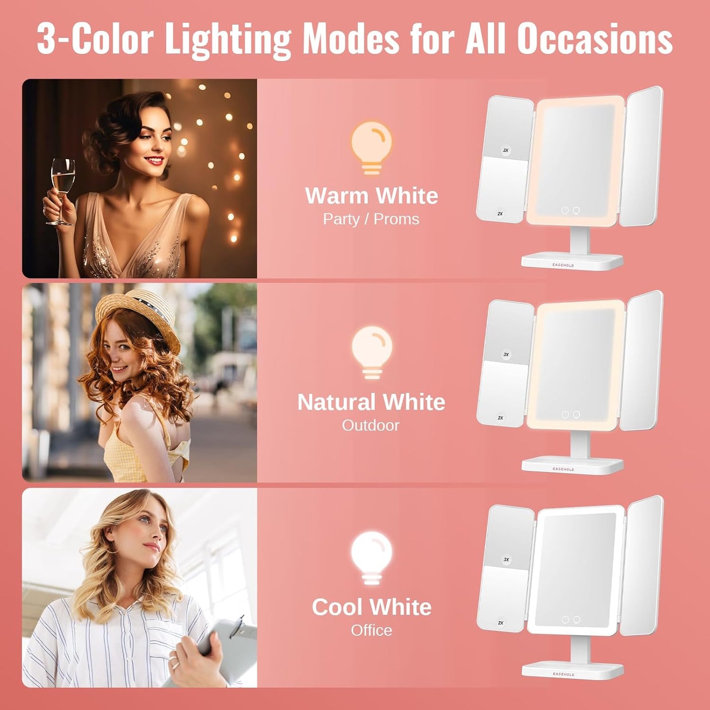 EASEHOLD Vanity Mirror with Lights, 2X 3X Magnification, Trifold, Rechargable, Touch Control - Gifts for Girls & Women