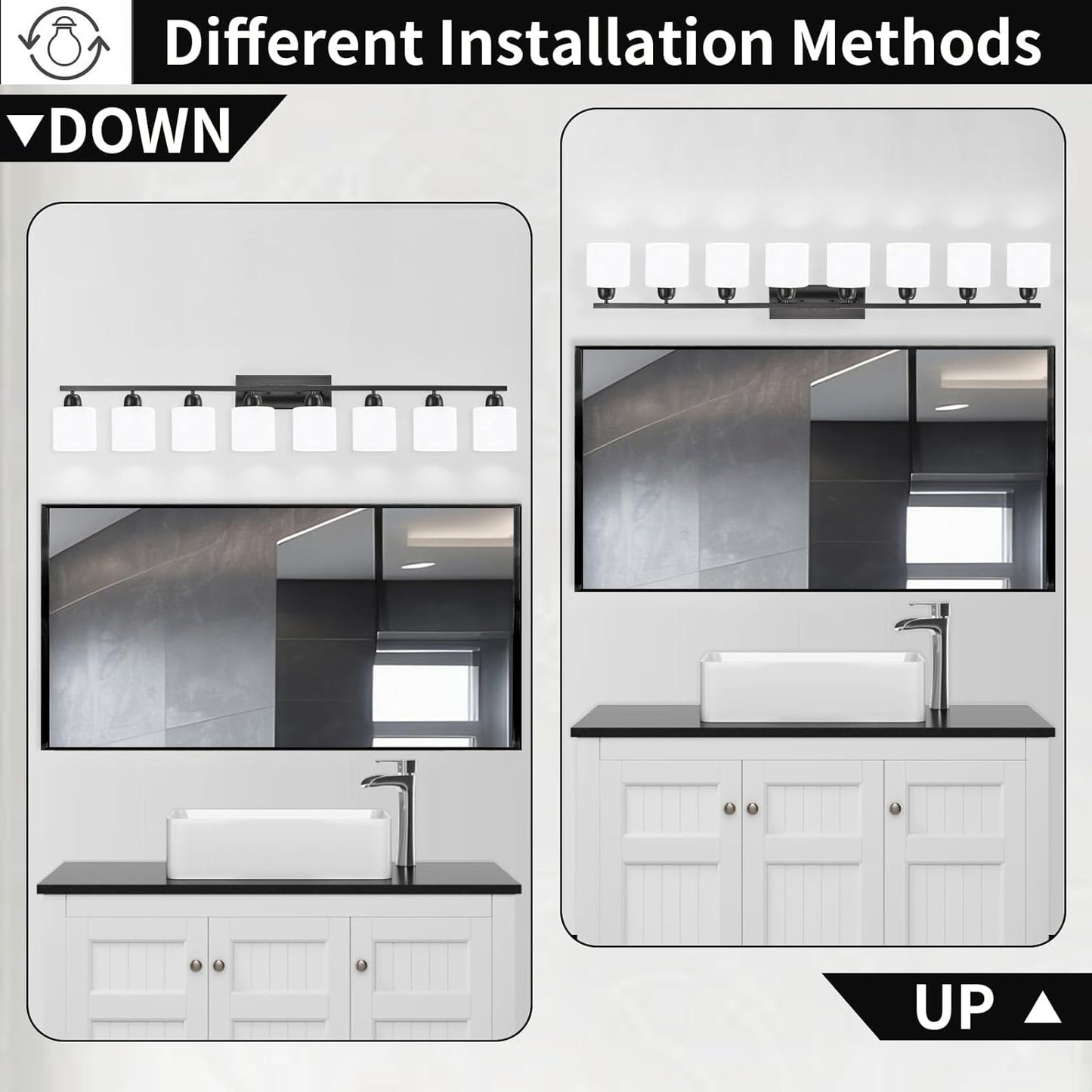 8 Light Black Bathroom Light Fixtures Over Mirror for Big Mirror, Modern Bathroom Lighting with Milky White Frosted Glass Shades,51 inch Lights for Vanity for Mirrors, E26