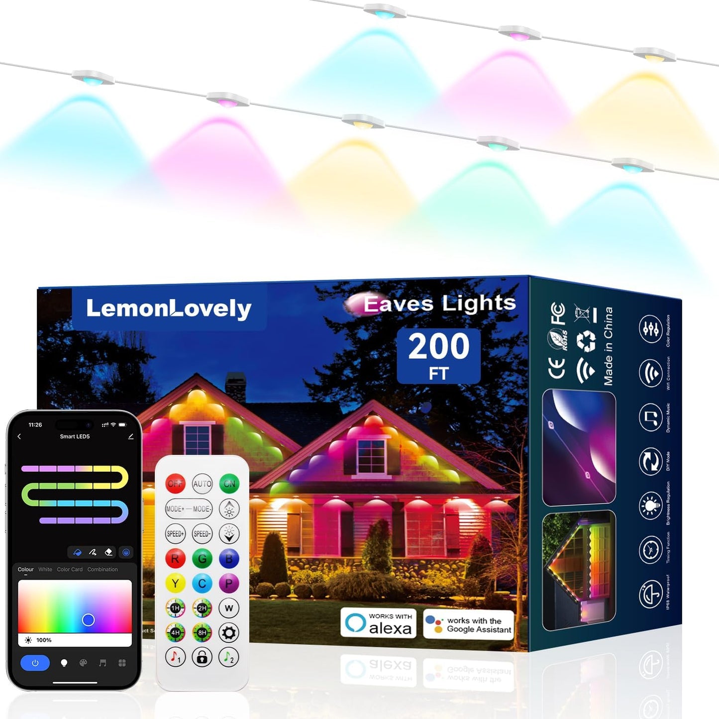 RGB+IC Permanent Outdoor Lights -Smart Eave Lights for House 200ft with 144 LED IP67 Waterproof Eternity Lighting for Daily Decor, Work with Remote, APP, Alexa, Google Assistant