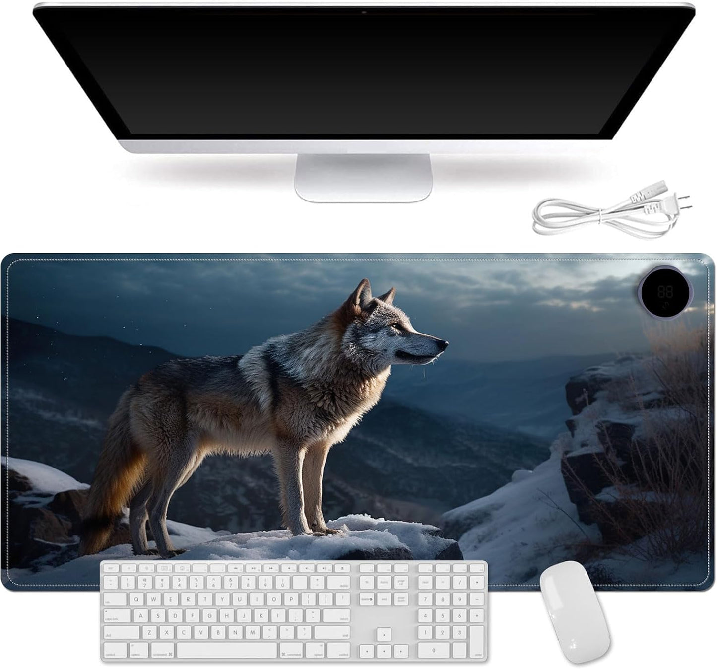 Small Heated Desk Pad 23.6" x 14.2" – Compact Electric Mouse Pad with 3 Heating Levels, Auto Shut-Off, Waterproof PU Surface, Plug-in Warmer for Office or Home Use, Lone Wolf