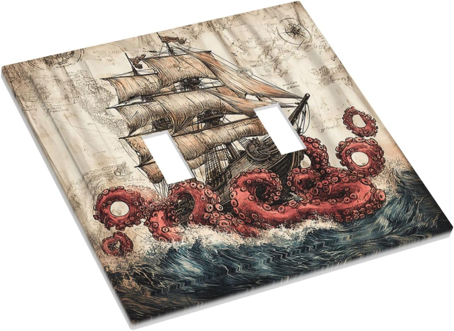 Decorative Switch Plates Vintage Octopus Ocean Sailboat Bizarre Adventure 2 Gang Double Toggle Wall Plate Outlet Light Switch Cover Electrical Faceplate for Bathroom Kids room Decor