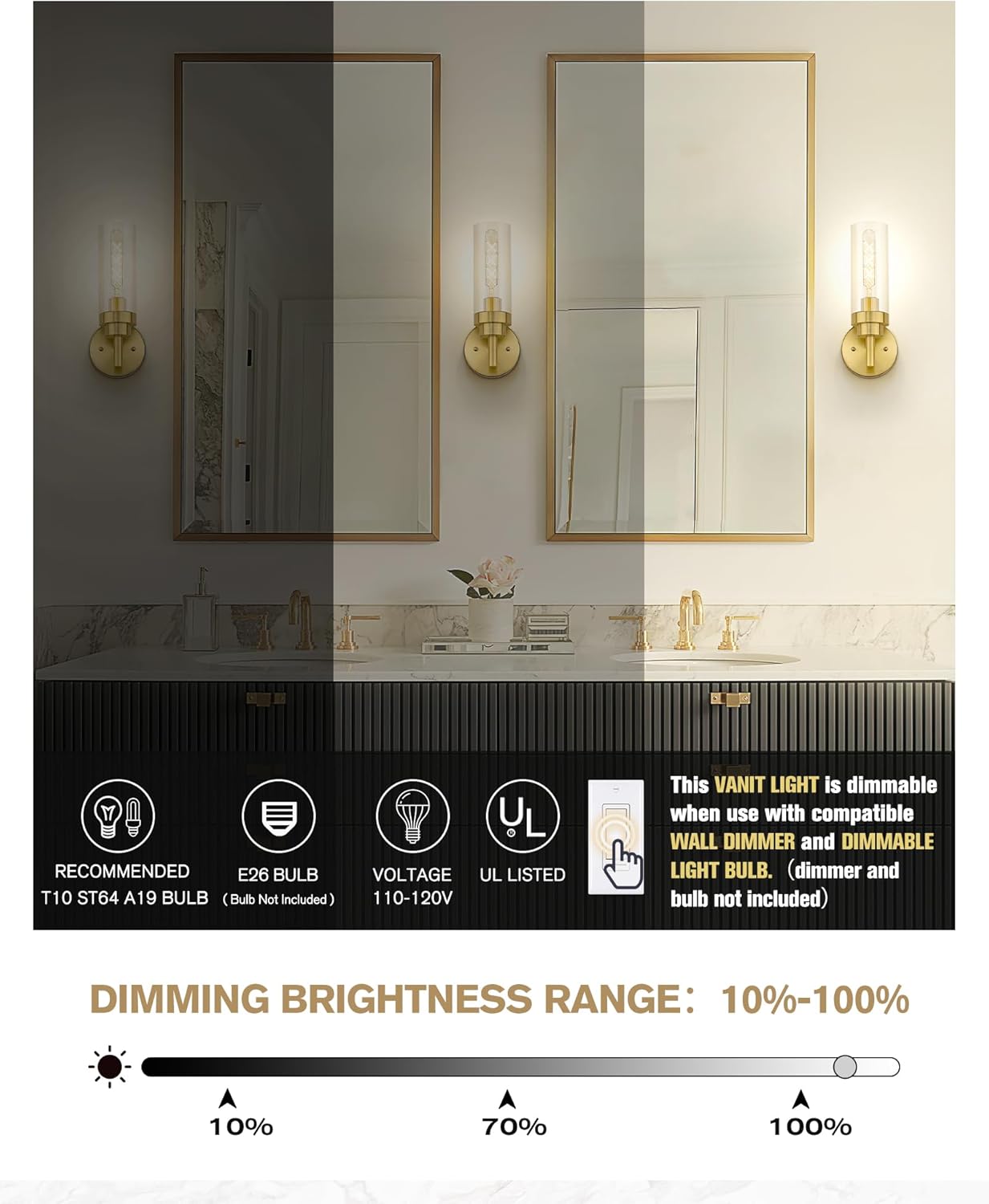 Emak Brushed Gold Sconces Wall Decor Set of 2, Modern Bathroom Light Fixtures Wall Sconce with Clear Glass Shade for Bathroom, Bedroom, Living Room, Hallway, WS085-BGD-2PK