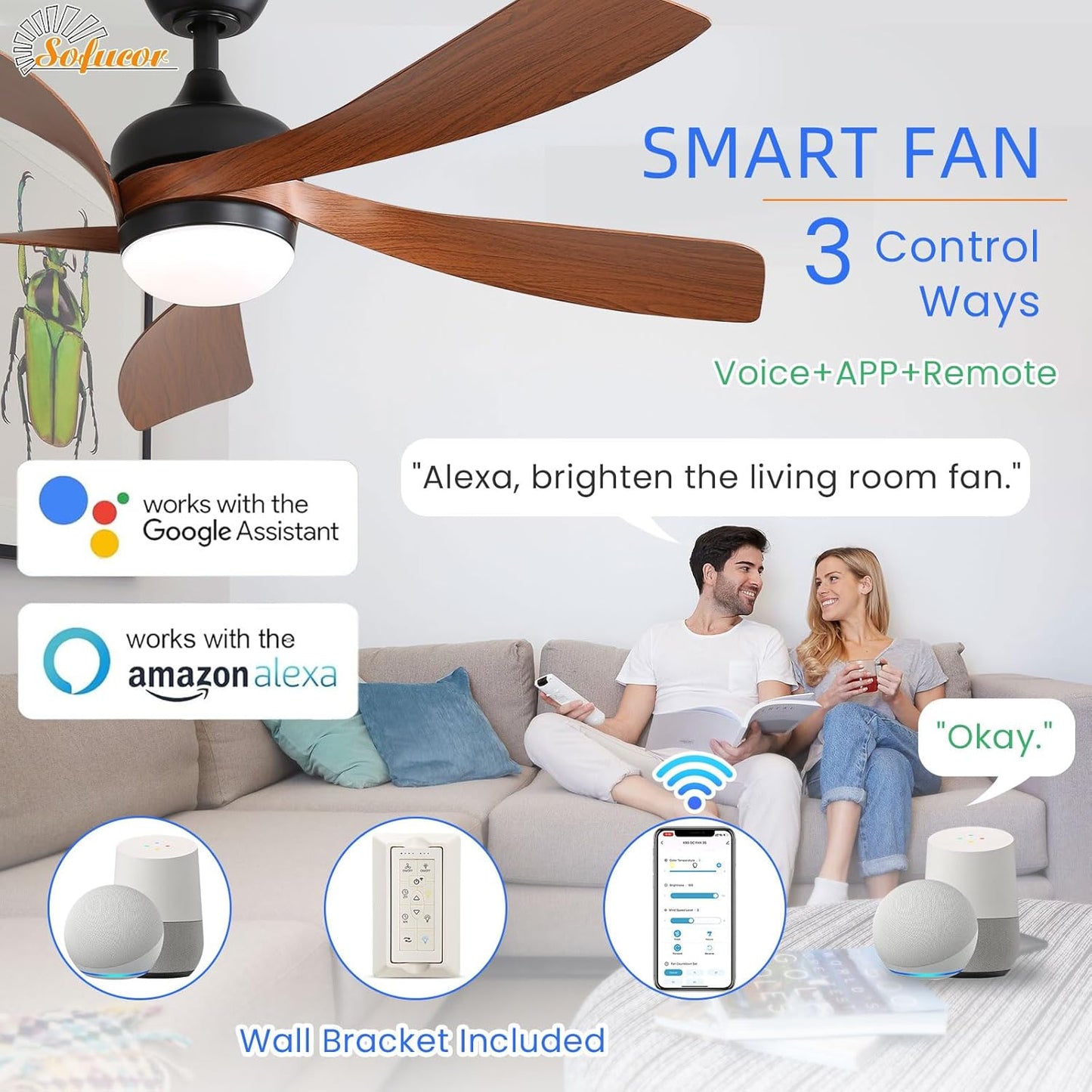 Sofucor 52" Smart Ceiling Fan, Indoor/Outdoor Ceiling Fans with Lights and Remote, Compatible with Alexa/Google/App, 3-Color Light 6-Speed Timing Reversible DC Motor for Bedroom Living Room Patio