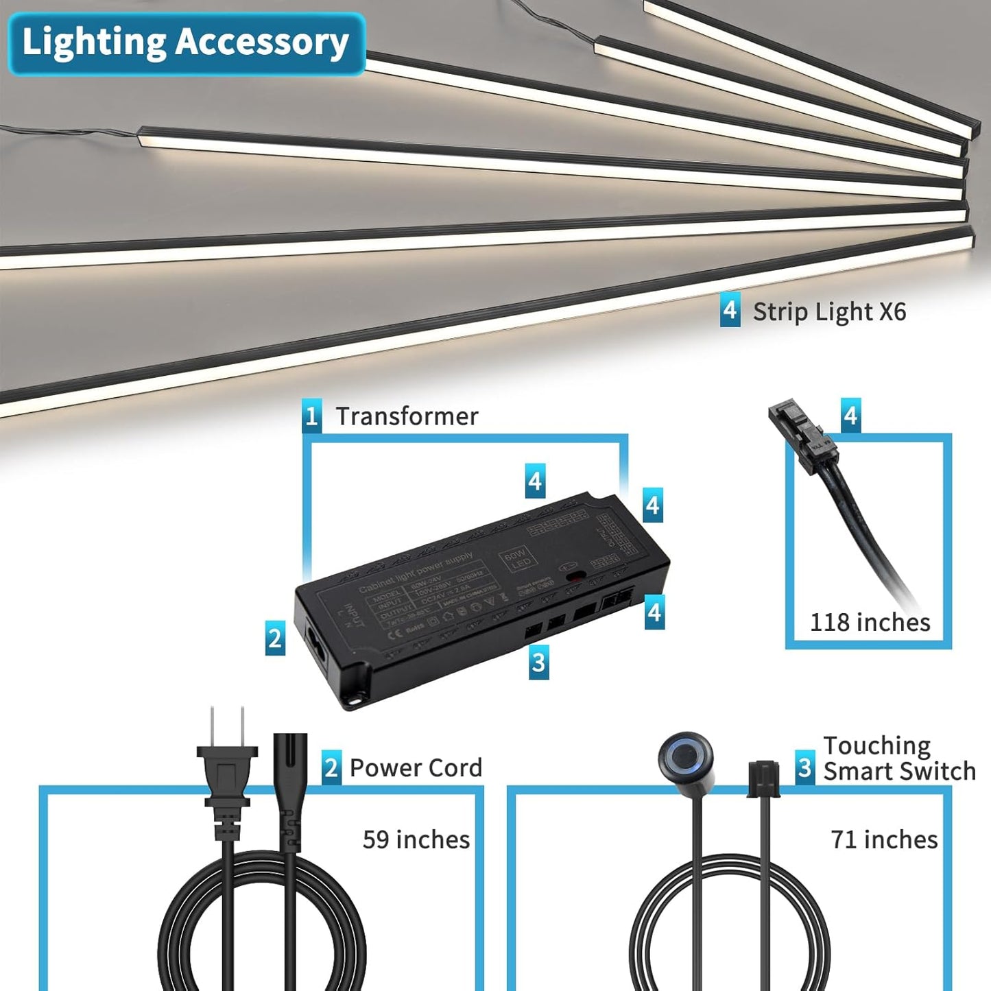 Art3d LED Recessed Lighting Kit - 6pcs Self-adhesive White LED Light with Smart Switch, 3000k Touching Switch Light for Wood Slat Wall Panels, Headboards, Stairs, Home decor, Under Cabinet Strip Light