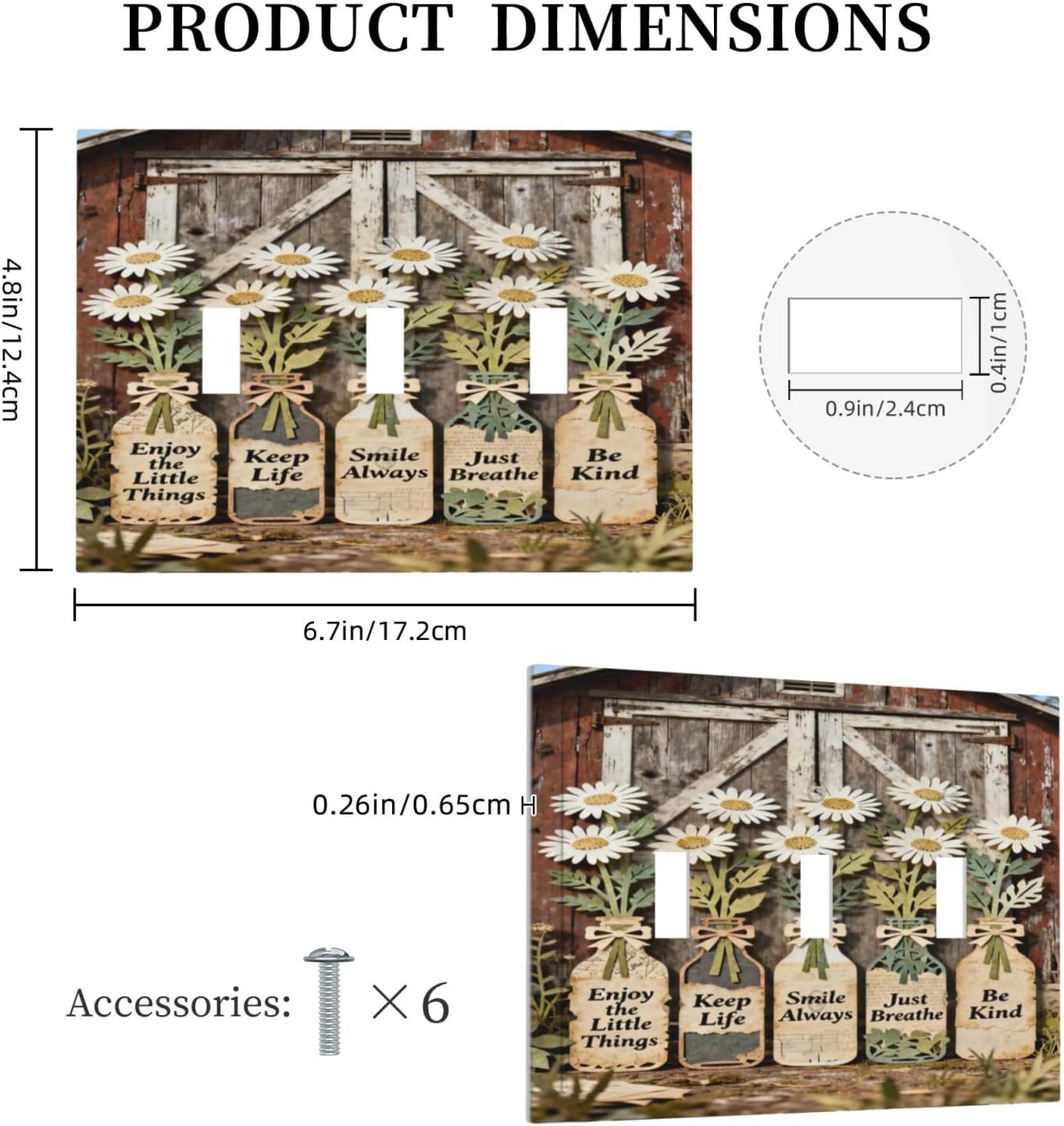 Rustic Daisy Barn Door Flowers 3 Gang Triple Toggle Decorative Light Switch Covers Electrical Faceplate Switch Plates for Bathroom Kitchen Home
