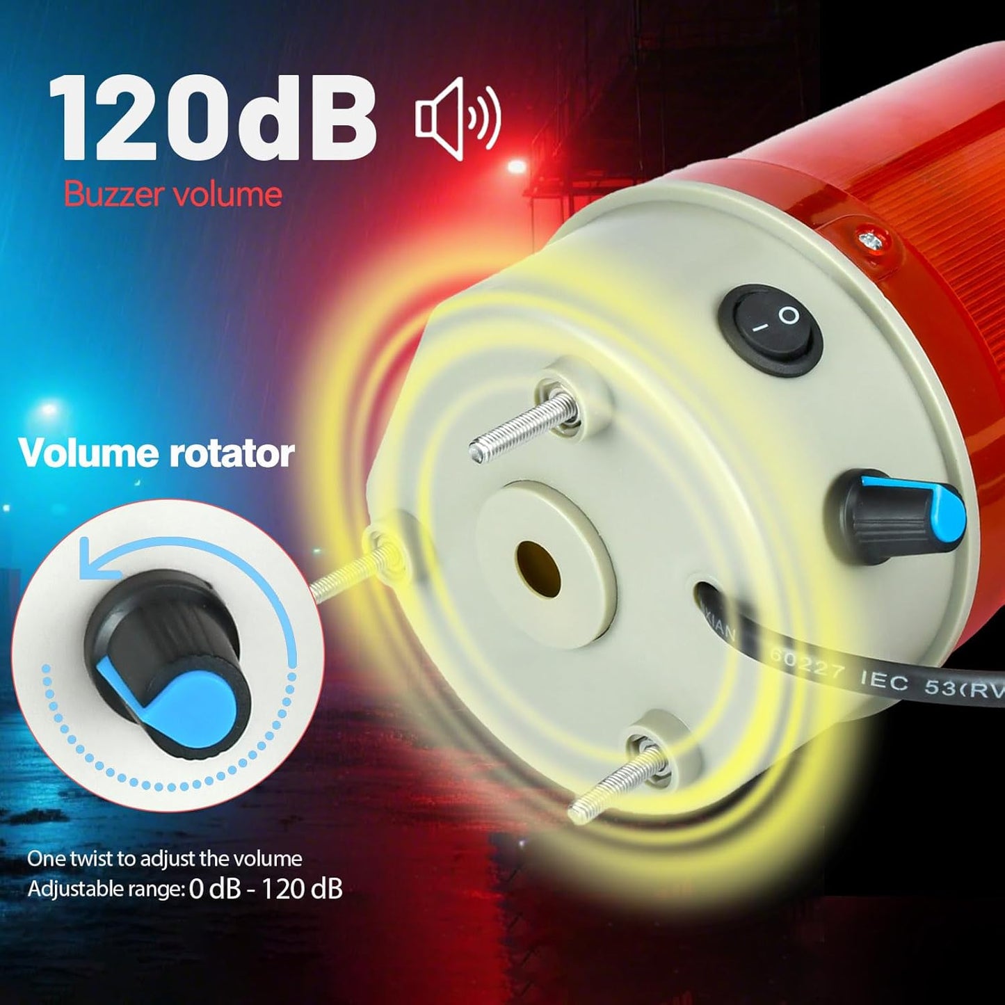 24V Industrial Rotating Warning Light LED Red Strobe Light for Emergency Alarms Safety Siren with Buzzer, Volume Control and Plug