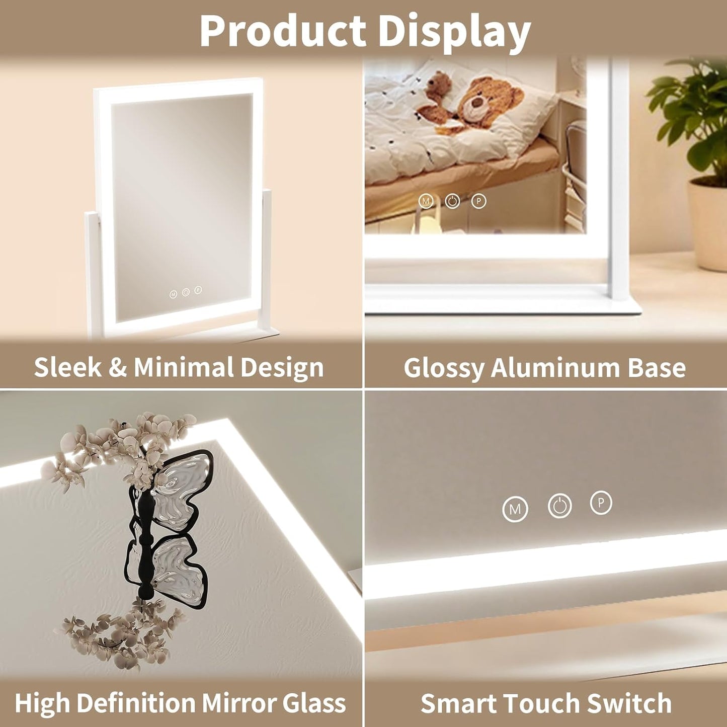 ROLOVE Vanity Mirror with Lights, Three Colors Lighting Mode, 360°Rotation, Lighted Makeup Mirror wih Stand for Desk, Bedroom, Dorm, Gifts for Women, 13x16 Inch