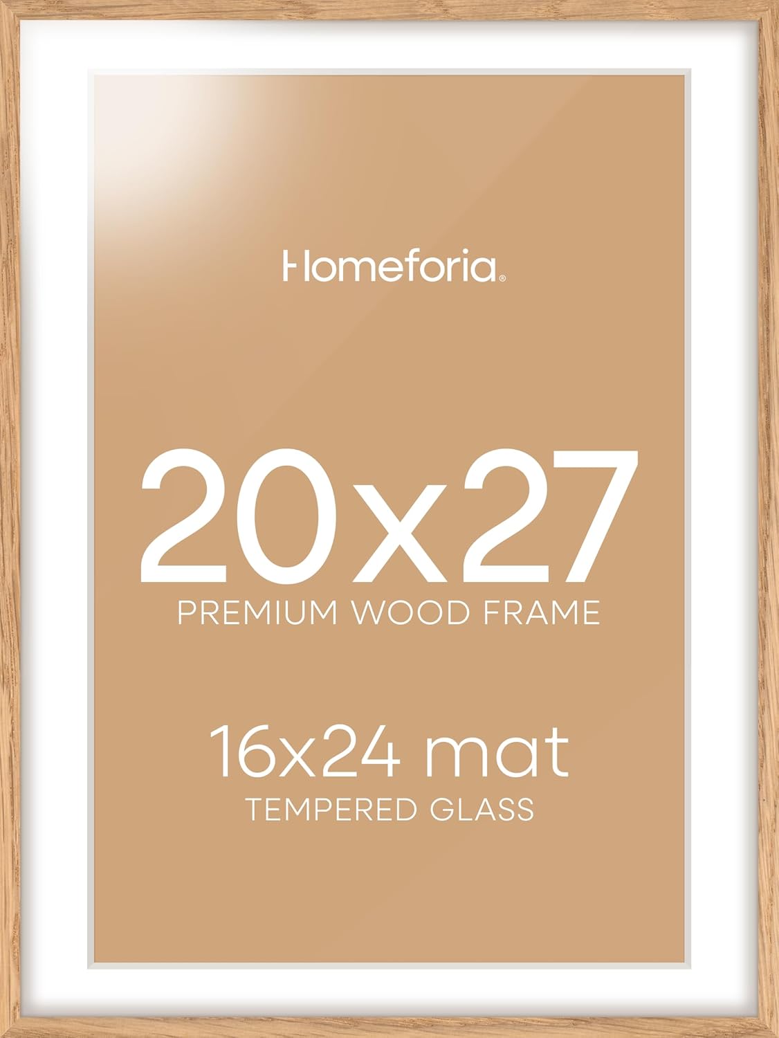 Homeforia 20x27 Picture Frame Natural Wood, High End Oak 20x27 Light Wooden Poster Frame with Mat 16x24, 20 x 27 Frames Matted to 16 x 24 Photo, 27x20 Hanging Frame, Tempered Glass, Wall Kit, Set of 1