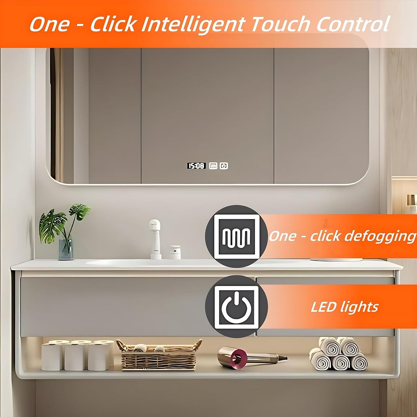 52IN Grey Bathroom Vanity Set - Floating Bathroom Vanity with Single Sink | Including LED Smart Defogging Mirror Cabinet & Time Display Function, Equipped with Motion Sensing Light Strip (Style A)
