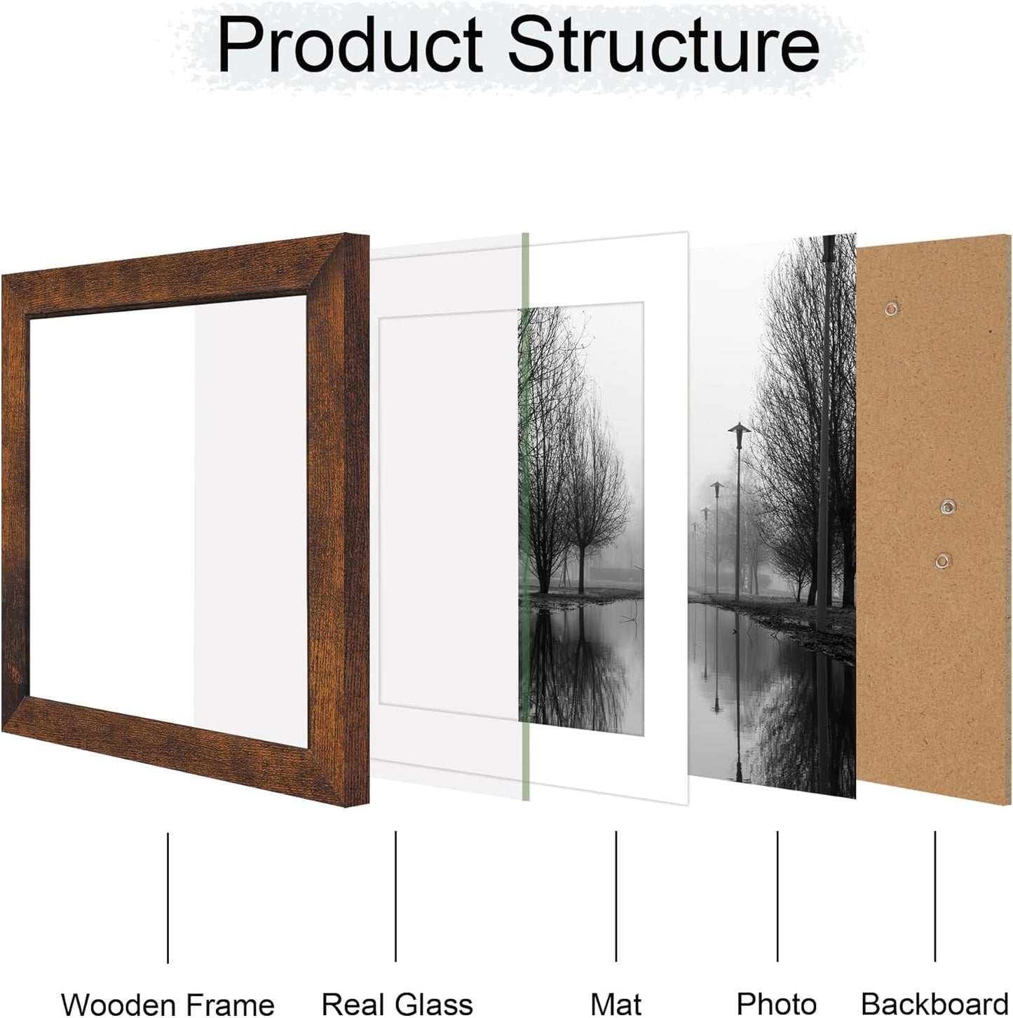 iRahmen 10x10 Picture Frame Set of 4 with Real Glass, Rustic Frames Display 8x8 Picture with Mat or 10 x 10 Without Mat, Wooden Square Photo Frame for Wall Mount and Tabletop Display