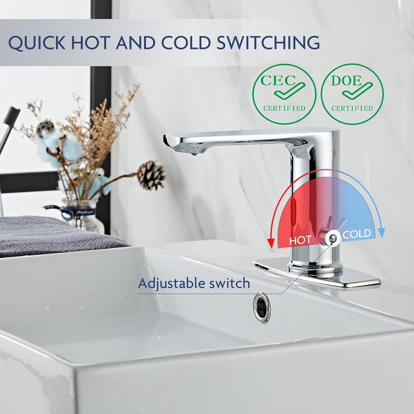 Quick Install Sink Chrome Motion Sensor Faucet.Touchless Mixer with Water Efficiency CEC.DOE Certified.NO Wiring Needded