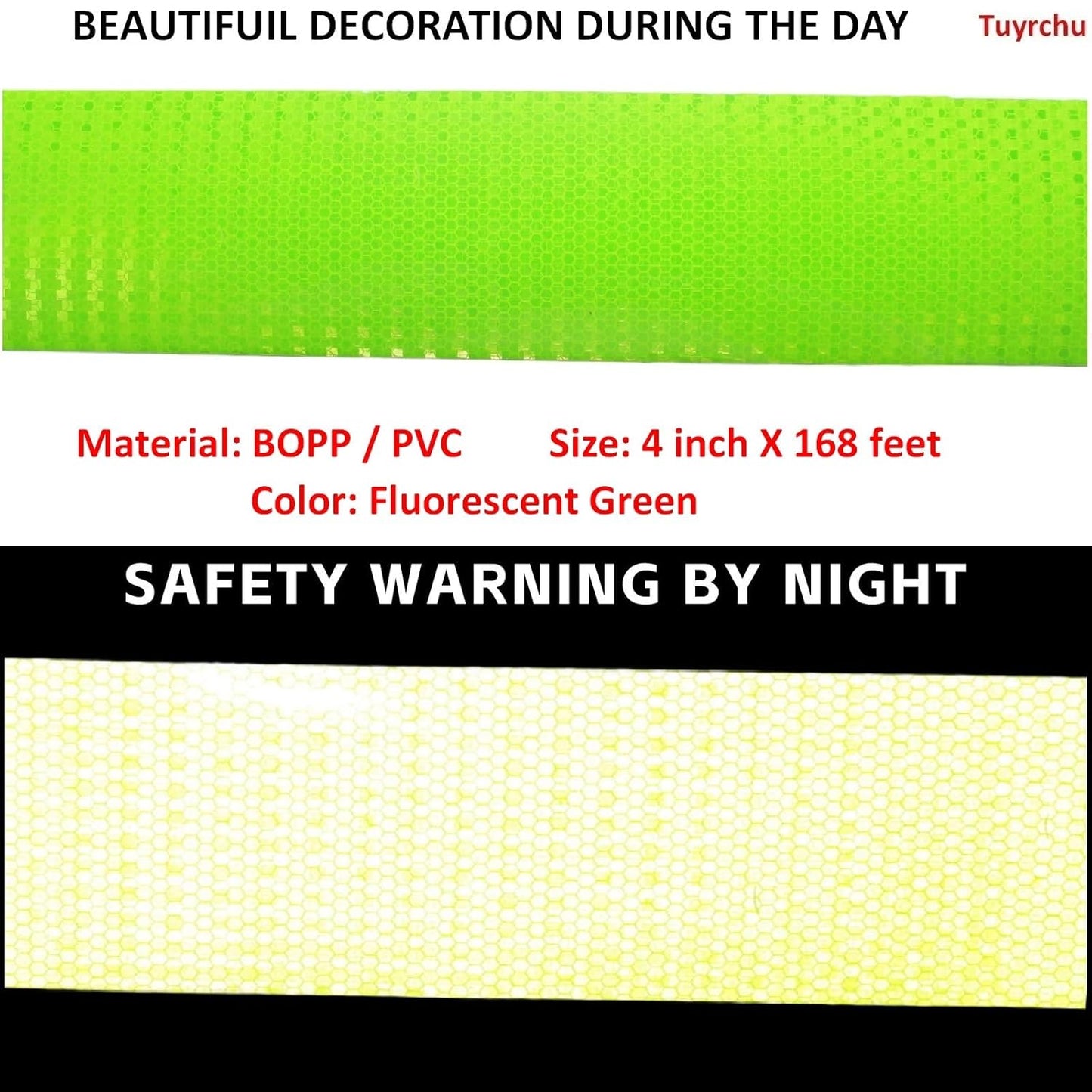 Fluorescent Green Reflective Tape 4 inch Wide, Outdoor Waterproof Safety Adhesive Stickers, High Visibility Industrial Marking Tape (168 feet)