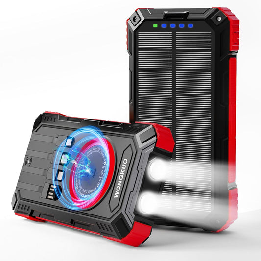 WONGKUO Solar Charger Power Bank - 49800mAh Solar Phone Charger with USB-C in/Output, QC 3.0 Fast Charging with LED Flashlight, Built-in 4 Cables, IP65 Waterproof Fits for Outdoor (Brilliant Red)