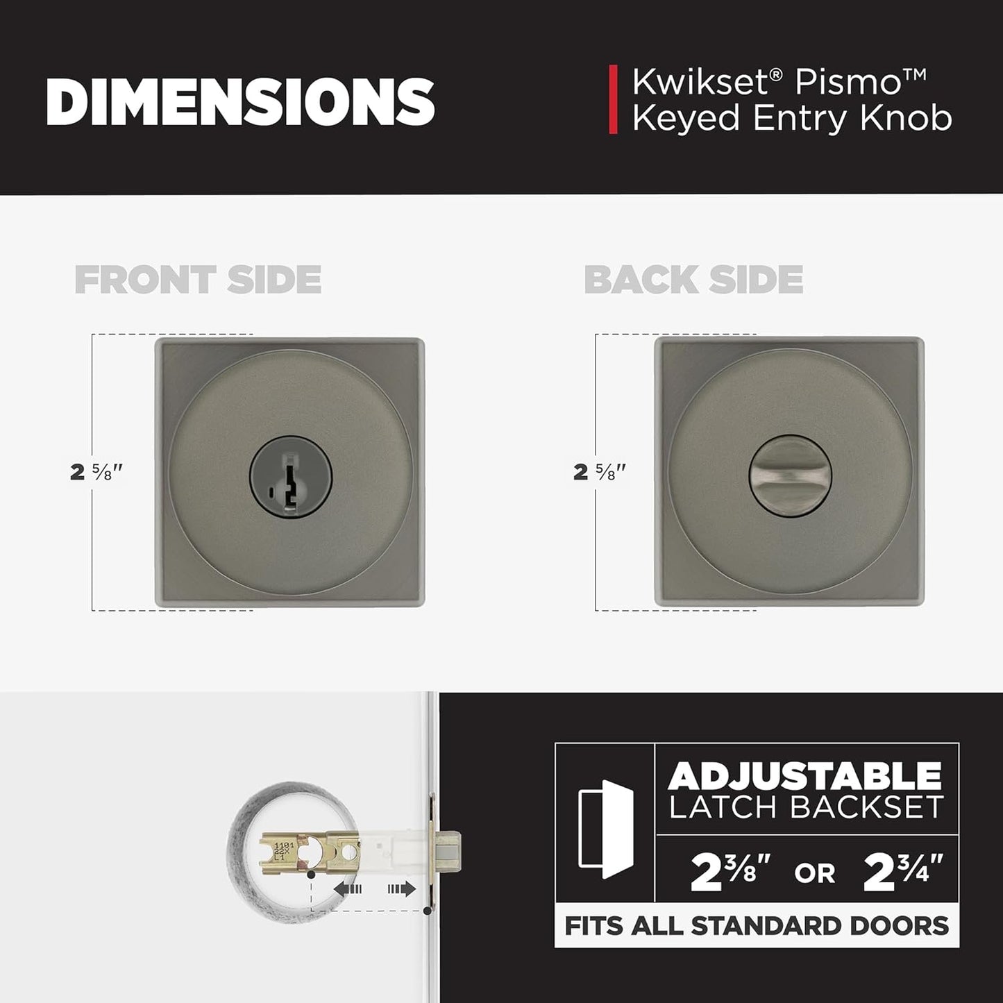 Kwikset Pismo Entry Door Knob with Lock and Key, Square Secure Keyed Handle Exterior Doorknob, Front Entrance and Bedroom, Gunmetal, Pick Resistant SmartKey Rekey Security