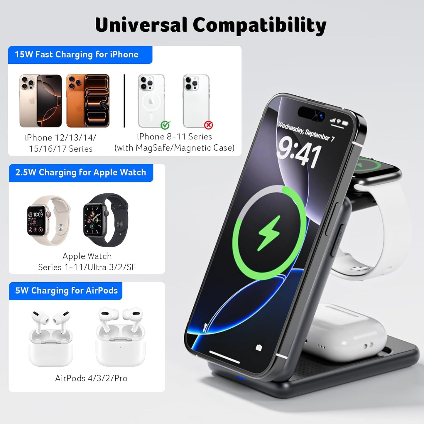 Acer 3 in 1 Charging Station for iPhone, Wireless Charger Stand,15W Fast MagSafe Charger for iPhone 17 16 15 14 13 12 Series-Apple Watch 10 9 8 7 6 5 4 3 2 SE and Ultra Series-Airpods 4 3 2 Pro Series