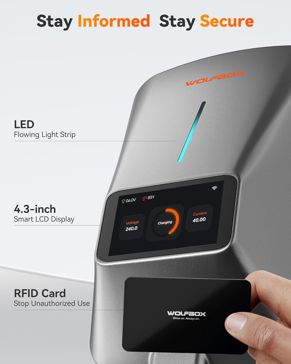 WOLFBOX Level 2 EV Charger 40 Amp - Smart Display, RFID Card, 25ft Cable, Outdoor/Indoor, NEMA 14-50 EV Charger Level 2, WiFi Enabled, 240V Electric Vehicle Charging Station for Electric Automobile