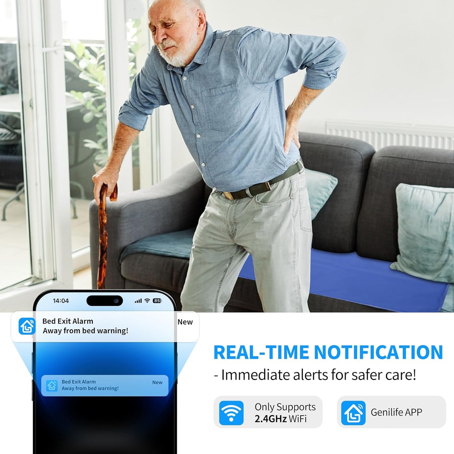Briidea Wi-Fi Bed Alarm & Fall Prevention System for Elderly, Wireless 20''×28'' Bed Pad with Instant App Alerts, 300ft Coverage, Ideal for Home Care