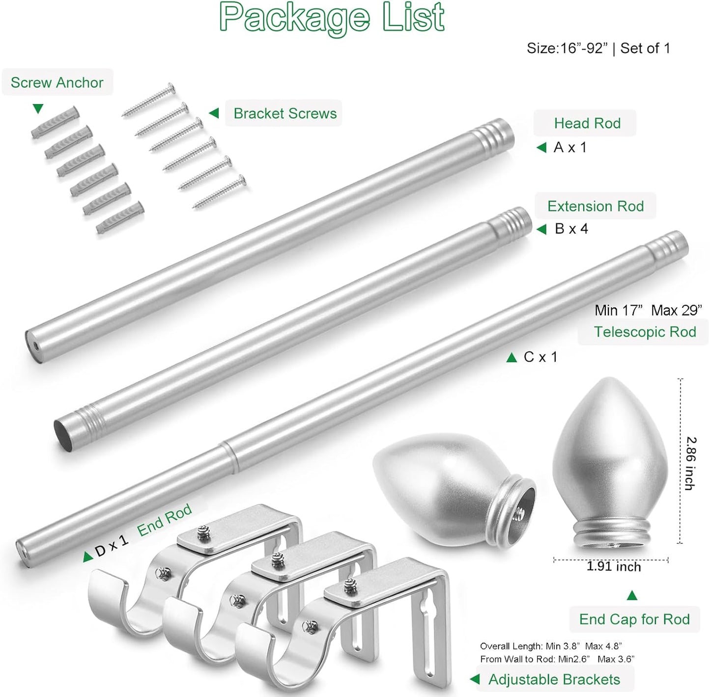 Curtain Rods for Windows 16 to 92 inches, Curtain Rod Max Adjustable Length to 104 in, Drapery Rod 1 inch Diameter with Modern Knobs Finials (Satin Silver, 16" to 92" - Set of 1)