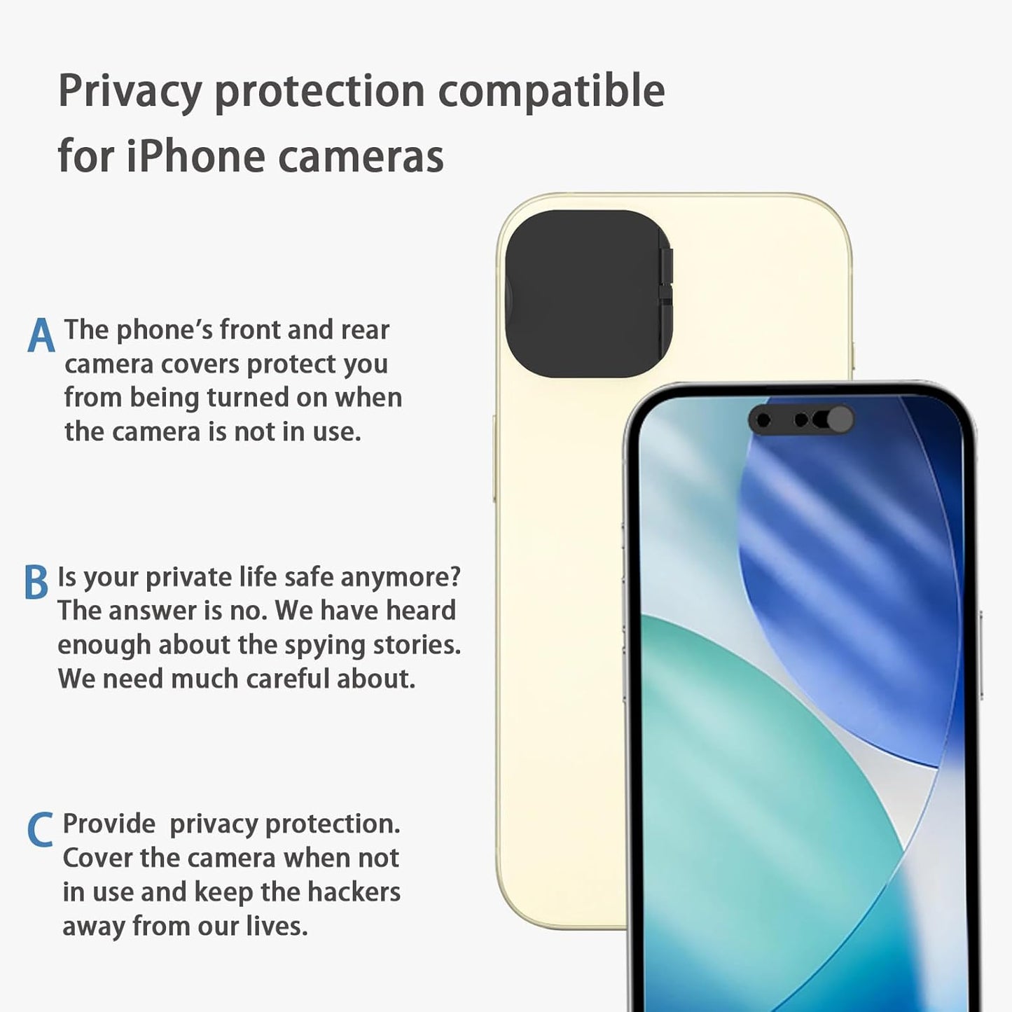 Front Camera Cover Compatible for iPhone 15/15 Plus with Rear Lens Cover,Protect Privacy and Security But Not Affect Facial Recognition（2Pack）-2025 Updated Version