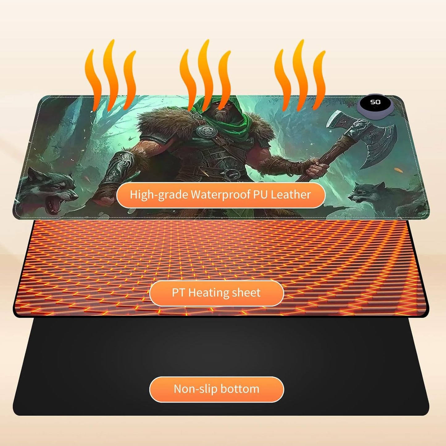 Heated Mouse Pad for Desk 31.5" x 13" – PU Leather Warm Desk Pad with 3 Heat Levels (104°F/113°F/122°F), Plug-in Electric Heating Mat with Auto Shut-Off, Waterproof & Rollable, Wild Hunter