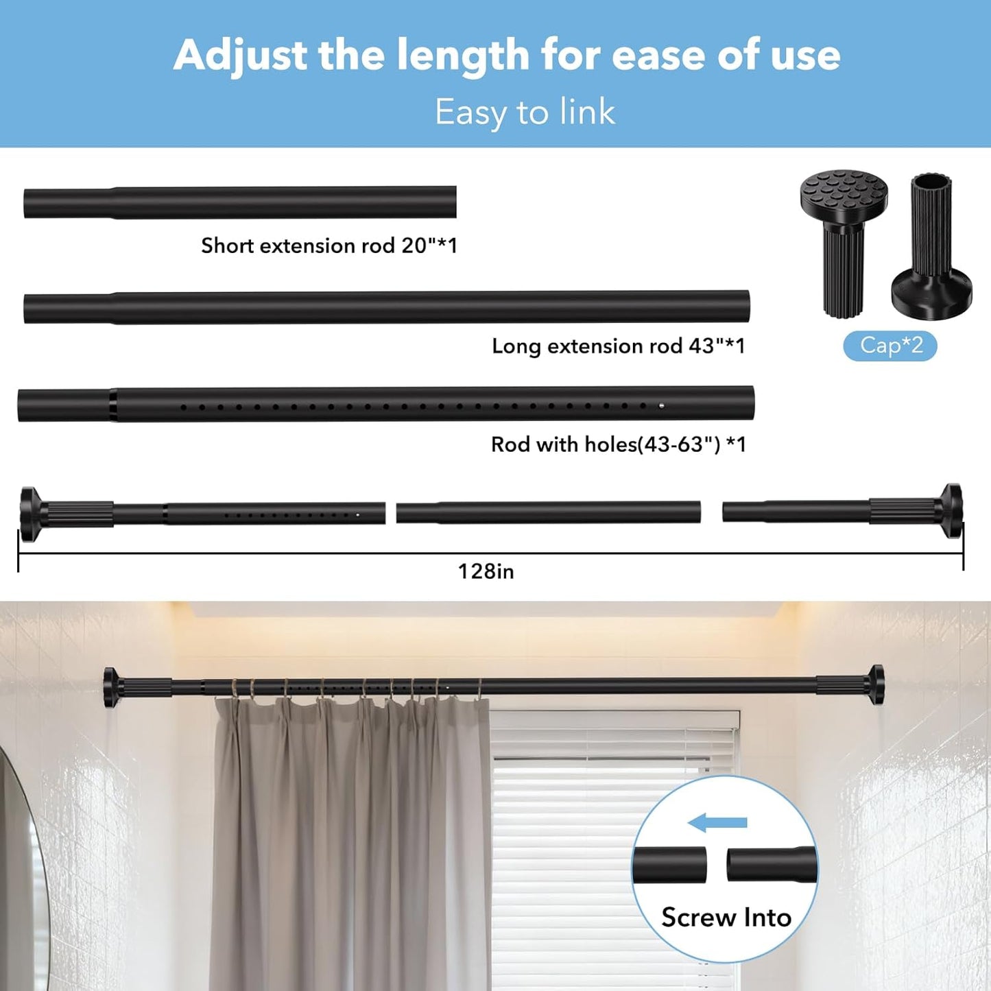 Tension Curtain Rod 51–128 In (4.25–10.67 ft),Extra Long Outdoor Curtain Rod for Window or Bathroom Patio,Easy to Install No Drilling Never Rust,Heavy Duty Adjustable Spring Shower Rod