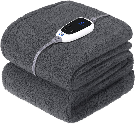 SEALY Electric Blanket Heated Throw 50"x60" Soft Double Sherpa Super Cozy with 6 Fast Heating Levels & 2-10 Hours Auto-Off, Over-Heat Protection, Machine Washable, Dark Grey