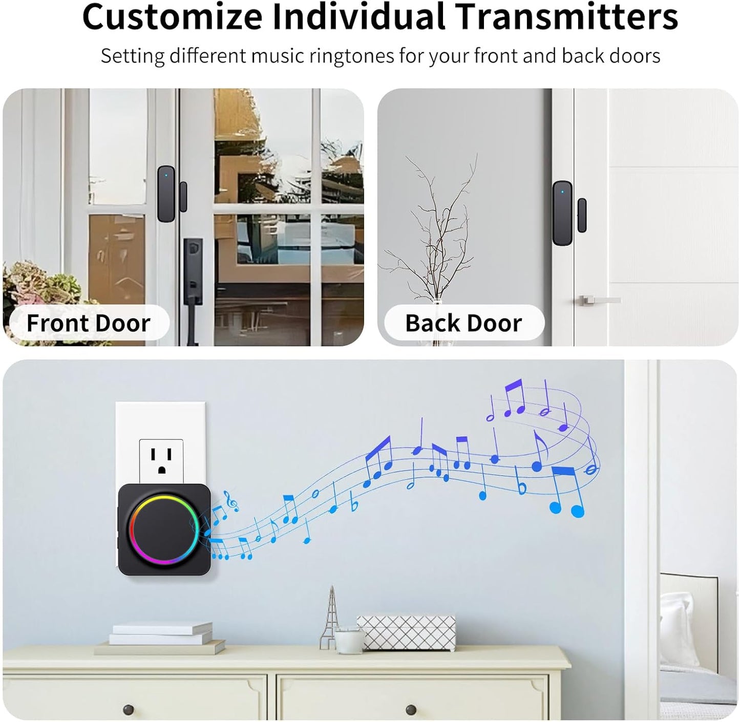 Door Chime, Door Chimes When Door Opens, Door Sensor Door Open Alarm with 600 FT Range, 32 Chimes 5 Adjustable Volume, Door Ringer Alert for Business/Home/Kids When Entering (2Receivers+1Sensor)