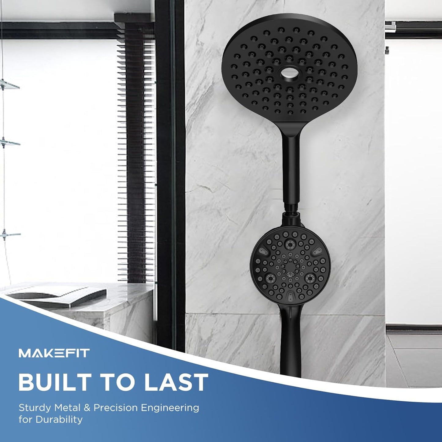 MakeFit Dual Handheld Shower Head Combo, 2-in-1 Rain Shower Heads System 8 Inch Rainfall Shower Head and 10 Modes High Pressure Hand Held Showerhead with Built-in Power Wash