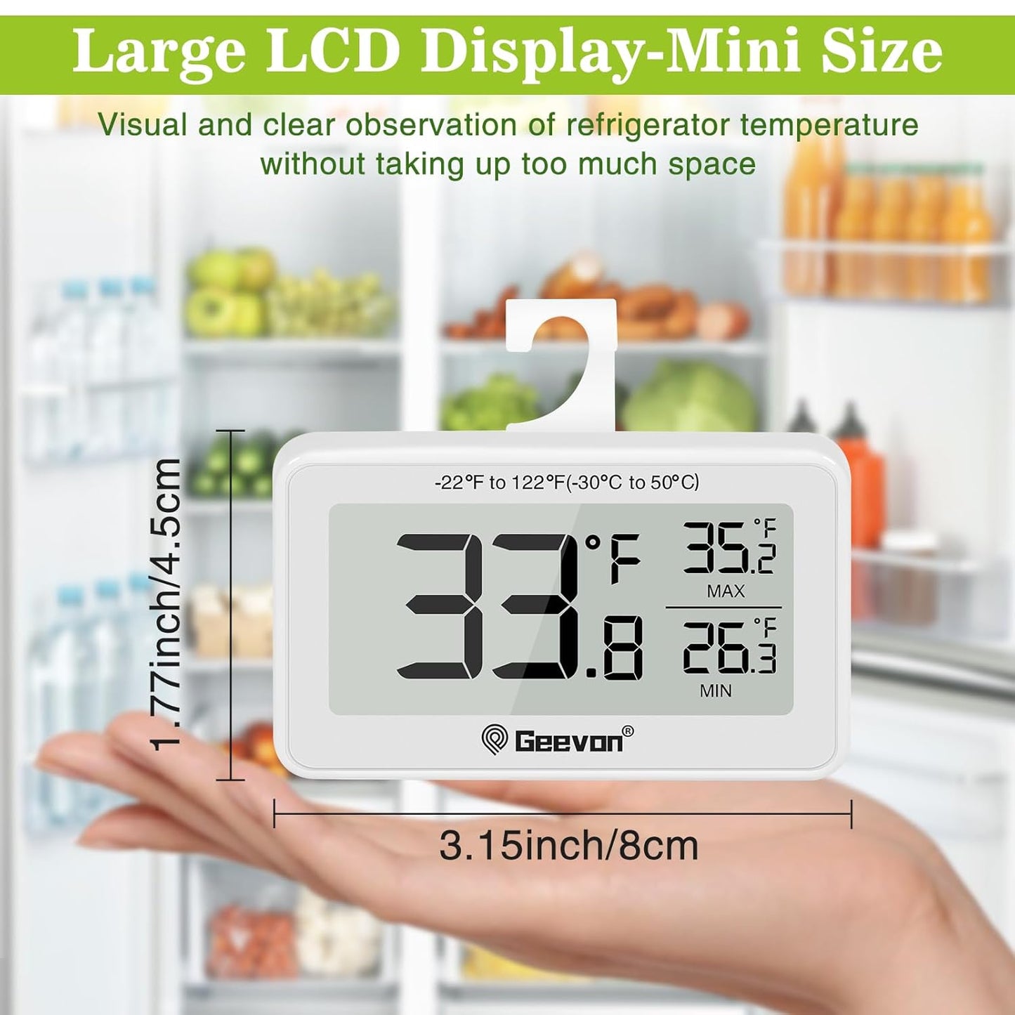 Geevon Refrigerator Thermometer Digital Fridge Thermometer IP65 Waterproof with Large LCD Display,Max/Min Record Function,Magnetic Back,for Fridge,Freezer Scenarios (White-1Pack)