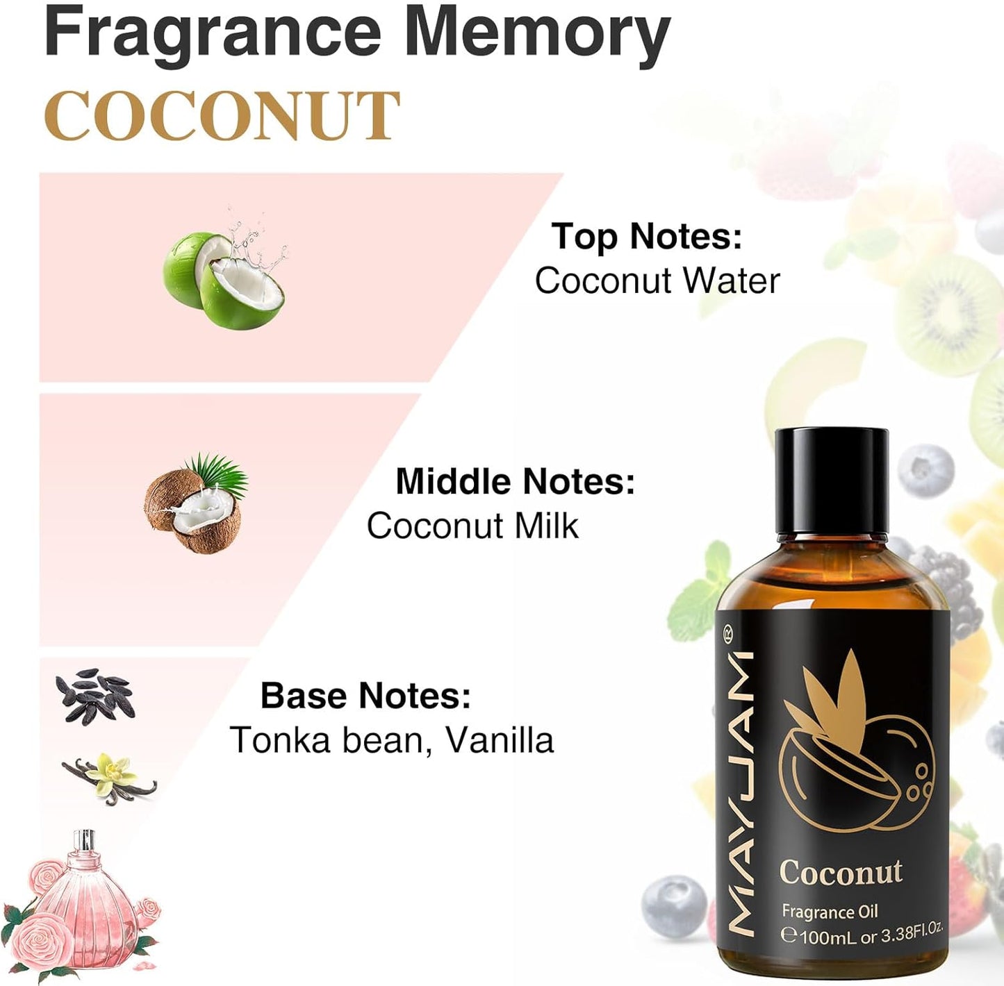 MAYJAM 100ML/3.38FL.OZ Coconut Fragrance Oils with Glass Dropper, Essential Oils for Diffusers for Home, Long Lasting Scented Oils for Diffusers Soap Candle Making