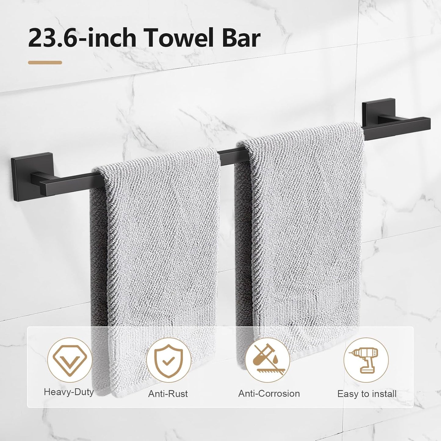 TQKAG 7-Pieces Matte Black Bathroom Hardware Accessories Set 23.6" SUS304 Stainless Steel Towel Bar Set Toilet Paper Spare Rolls Storage Holder Wall Mounted