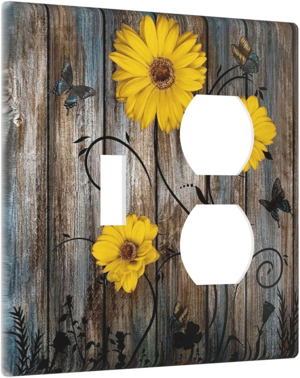 Rustic Barn Sunflower Wooden Daisy Flower Plank Wallplates 1 Toggle 1 Duplex Switch Plate Electrical GFCI Faceplate Decorative Light Switch Covers for Farmhouse Home Decor