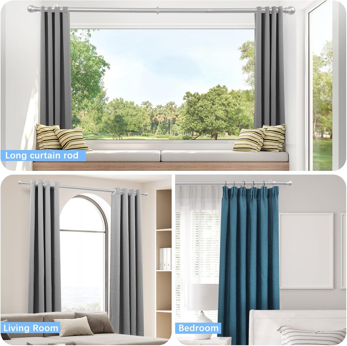 Curtain Rods for Windows 16 to 120 Inches, Curtain Rod Max Adjustable Length of 132 IN, 6/8" Diameter Drapery Rods Round Finials, Satin Silver, Pack of 2