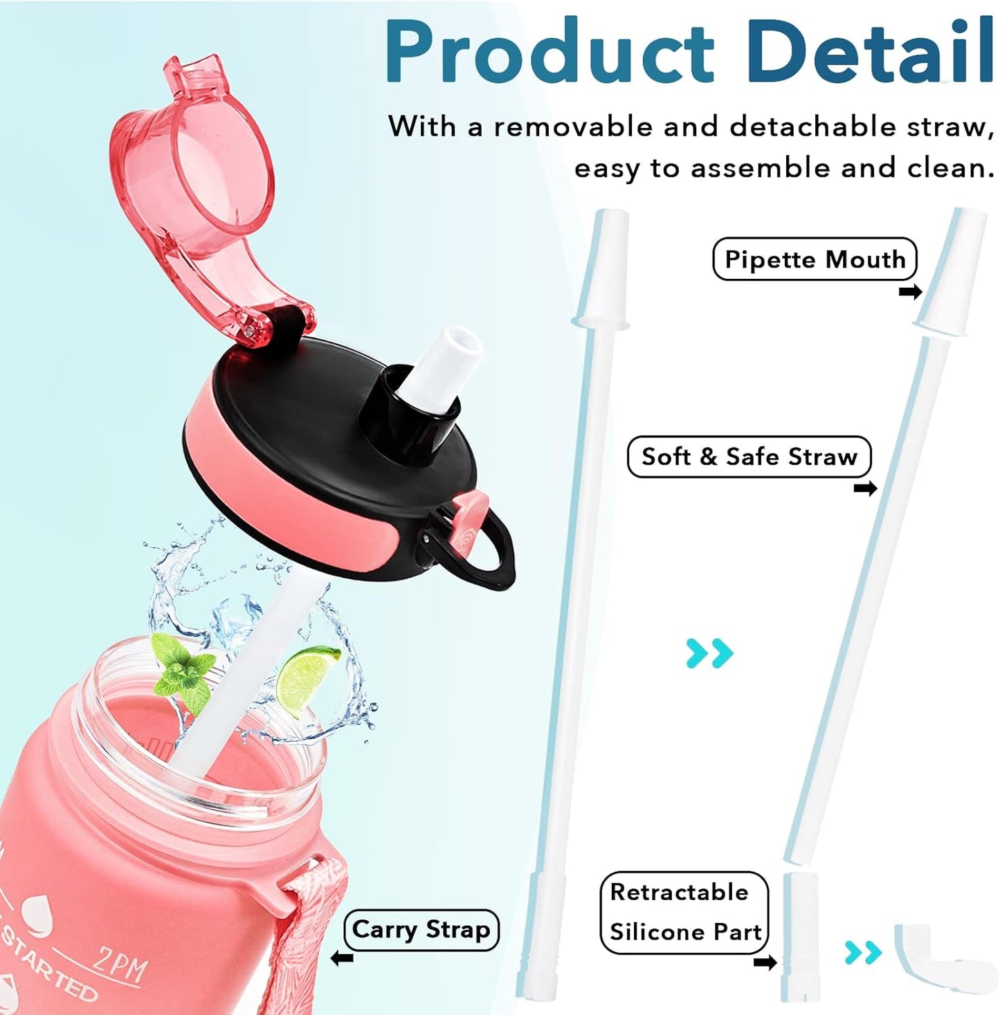 Enerbone Water Bottle, Leakproof BPA & Toxic Free, Motivational Water Bottle with Times to Drink and Straw, Fitness Sports Water Bottle with Strap for Office, Gym, Outdoor Sports