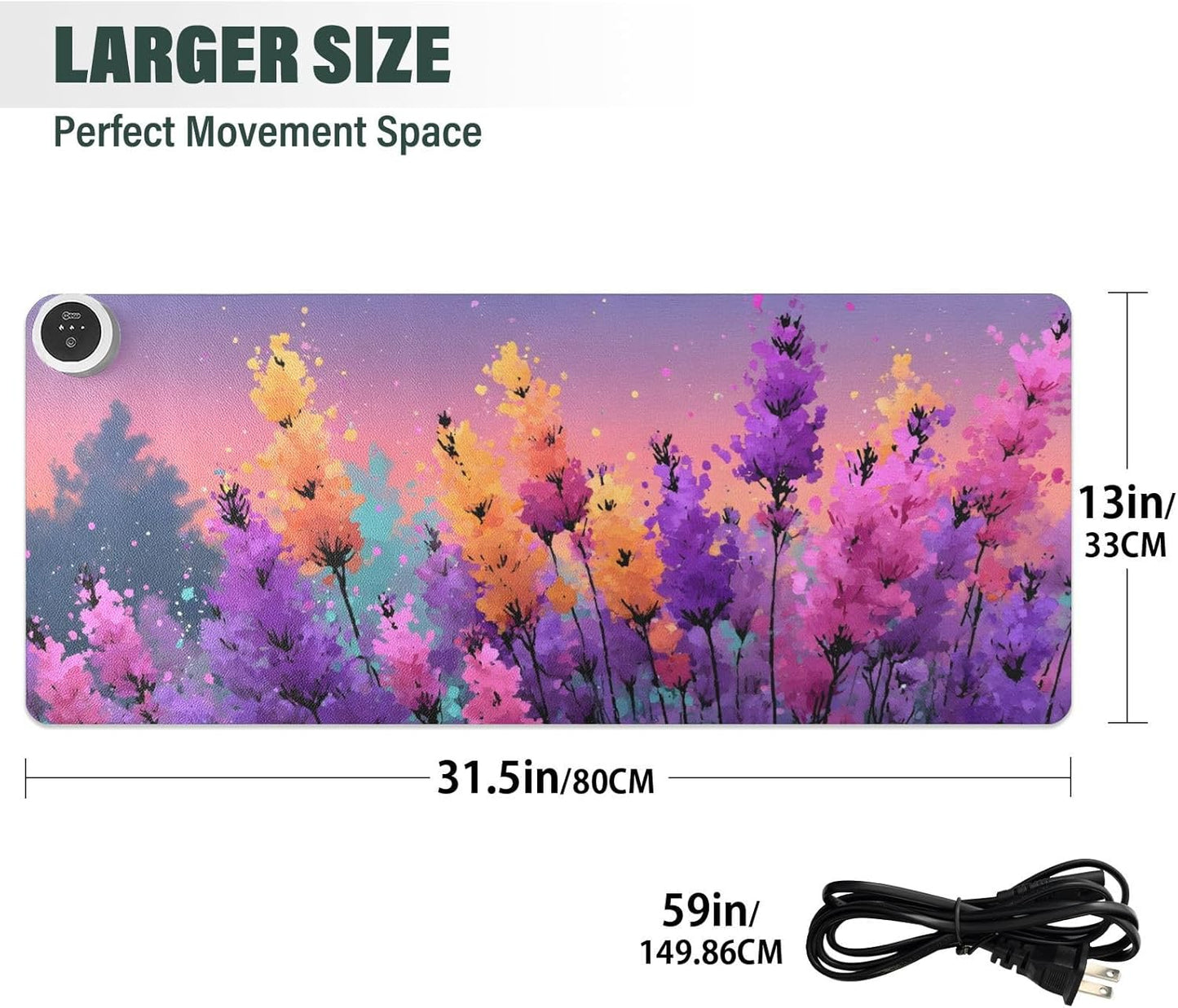 Large Heated Mouse Pad,Leather Desk Mat,31.5"x13",Hand Warmer Pads for Desk,Lavender(Watercolor)