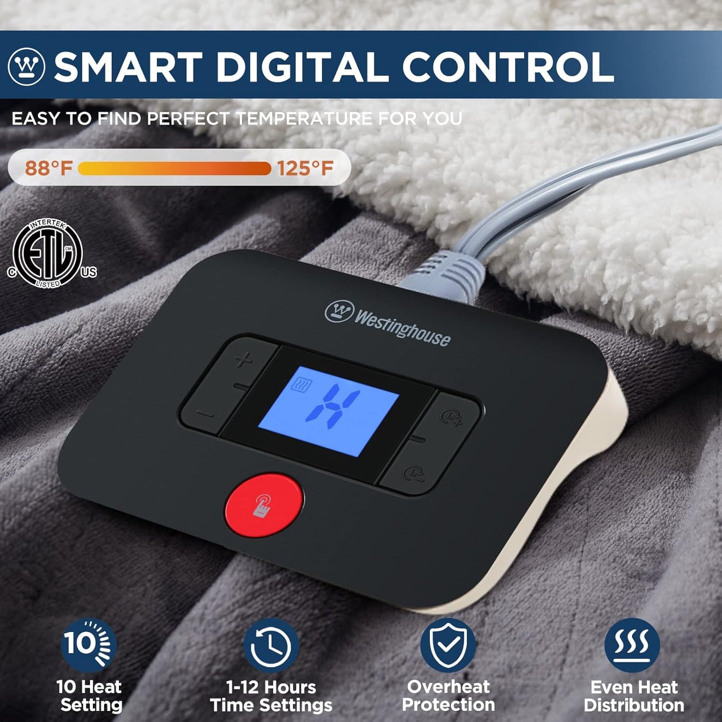 Westinghouse Electric Blanket Full, Heated Blanket Full Size with 10 Heating Levels and 1 to 12 Hours Heating Time Settings, Flannel to Sherpa Reversible, Machine Washable (80" x 84", Charcoal)