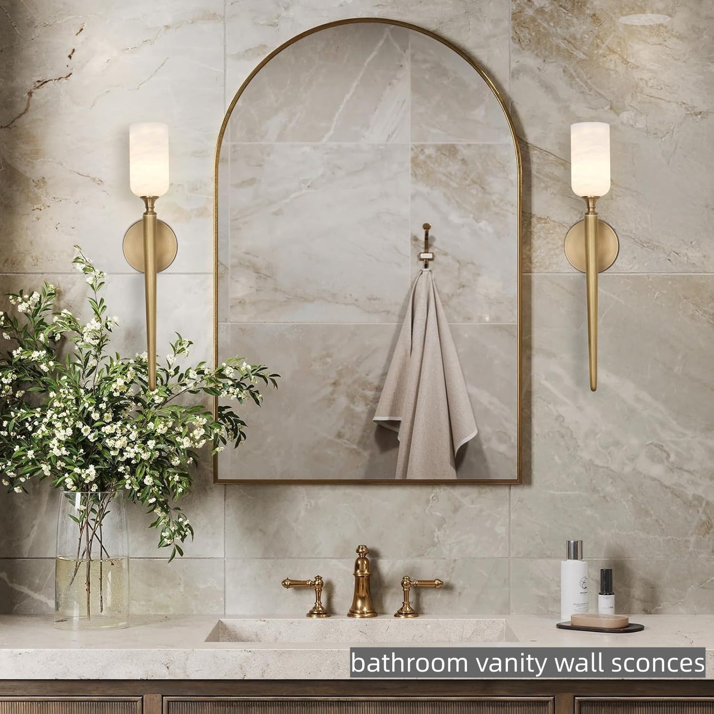 Alabaster Wall Sconce 22in Antique Brass Sconces Wall Lighting, Imported in Spain Natural Alabaster, Bathroom Sconce Gold Sconces Wall Decor, For Living Room dining room Hallway Bedside Staircase