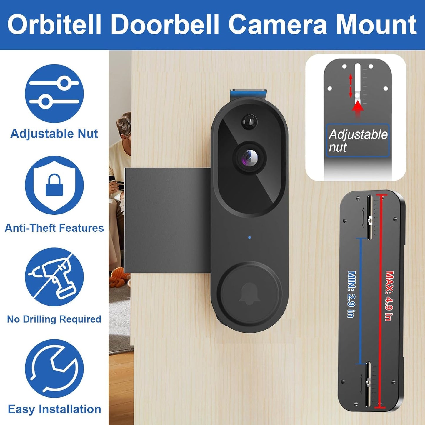 Anti-Theft Doorbell Mount No Drill Compatible with Orbitell Video Doorbell, Adjustable Mounting Bracket Holder Accessories for Apartment Rentals, Enhanced Protection Doorbell Mount Bracket