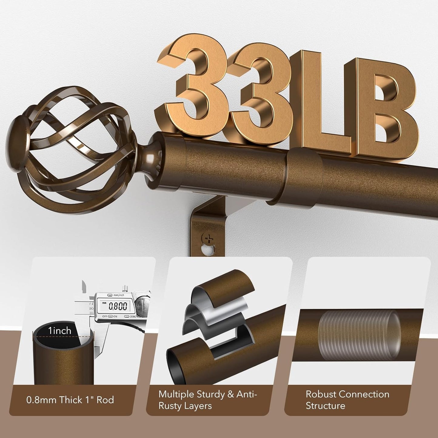 Curtain Rods for Windows 72 to 144, 1 Inch Adjustable Decorative Long Bronze Curtain Rod with Twisted Cage End, Modern Heavy Duty Outdoor Drapery Rods for Patio, Telescoping Splicing, Size 32" - 150"