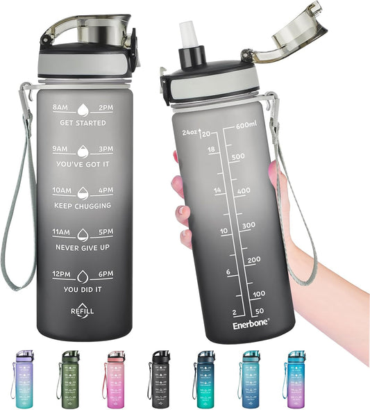 Enerbone Water Bottle, Leakproof BPA & Toxic Free, Motivational Water Bottle with Times to Drink and Straw, Fitness Sports Water Bottle with Strap for Office, Gym, Outdoor Sports