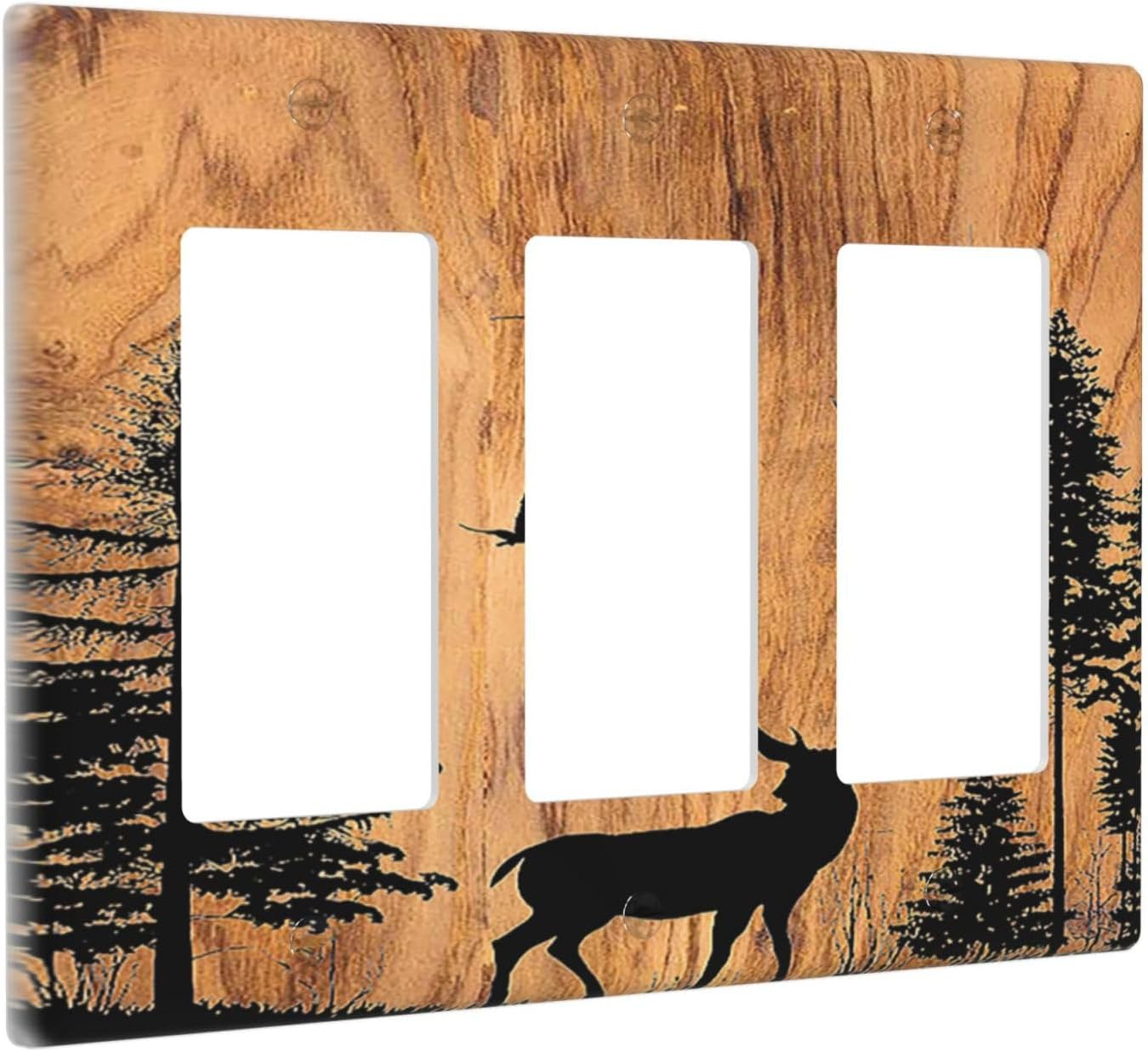 Light Switch Covers Rustic Farmhouse Orange Brown Pine Tree Deer Wood Grain 3 Gang Rocker Electrical GFCI Decorative Triple Outlet Wall Plate Cover Switchplate for living Room Cabin