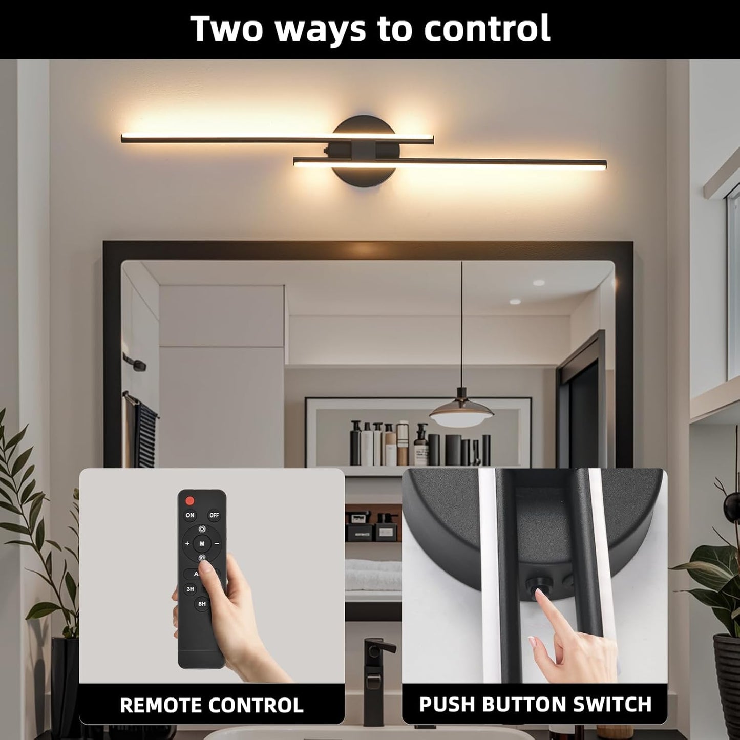 Rechargeable Battery Operated Wall Sconce Set Of Two, Black Wireless LED Wall Sconces With Remote Control, Dimmable 3 Colors Cordless wall lights for Living Room, bedroom, Hallway, 31.4 Inch ( 2pcs)