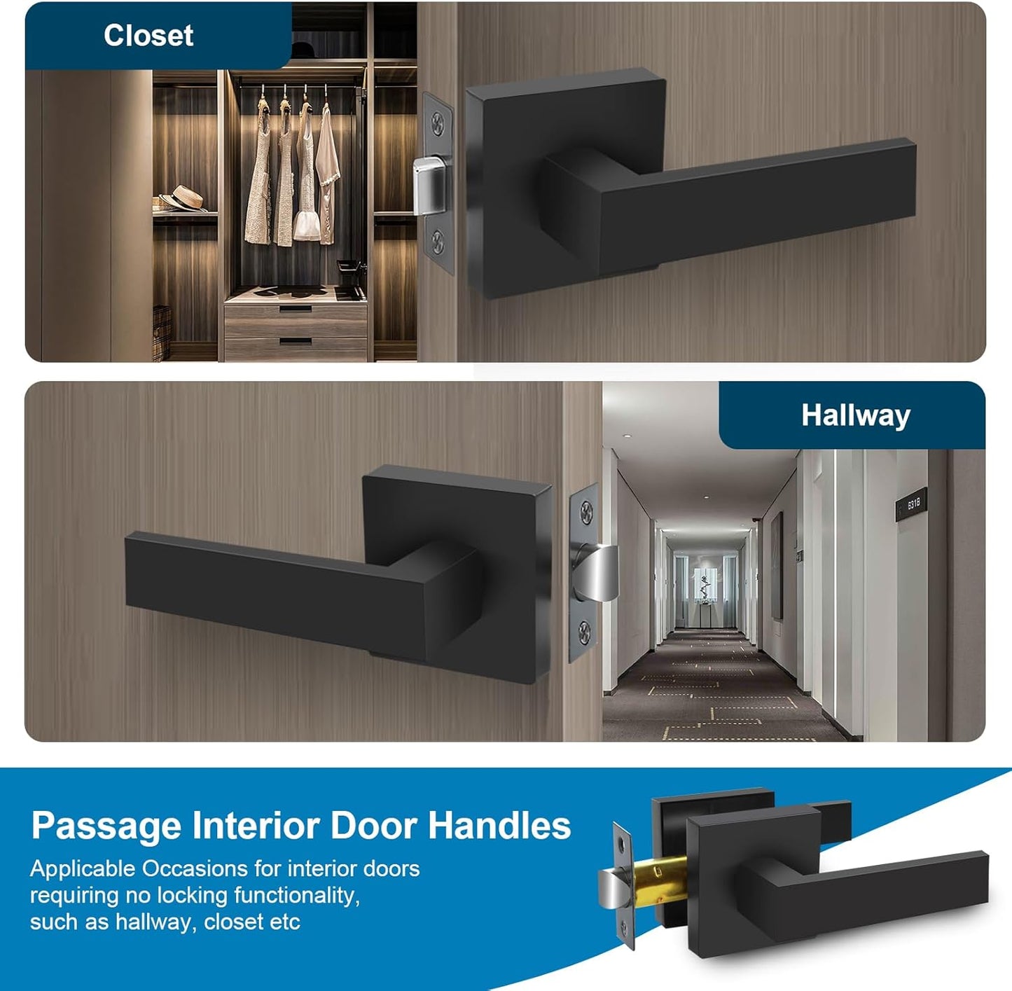 Passage Door Lever, Matte Black Interior Door Handles for Hallway& Closet Heavy Duty Non-Locking Lever Sets Keyless Door Knobs Lockset for Right & Left Side Door, 2 Pack
