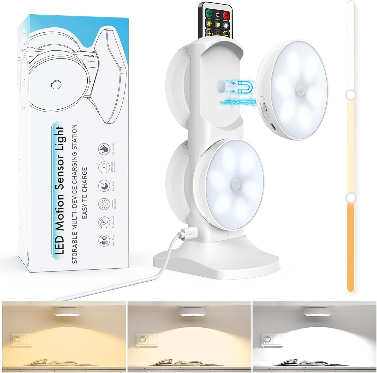 Motion Sensor Puck Step Lights with Charging Station, 3 Colors USB Rechargeable LED Closet Light, Dimmable Under Cabinet Lighting, Stick-on Lights (4 Pack)